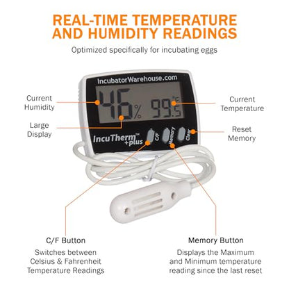 IncuTherm™ Plus Digital Thermometer and Hygrometer for Egg Incubator - Large Digital Display with Min/Max Memory - Remote Probe - Reads Celsius and Fahrenheit +/-1° 1109 IWTH01