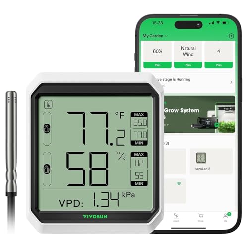 VIVOSUN AeroLab THB1S Wireless Bluetooth Hygrometer Thermometer Indoor, VPD, Digital Temp Humidity Meter, LCD Smart App Control & Alert, Data Storage, Dual Channels with Sensor Probe, Battery Included - style: Thermometer with External Probe