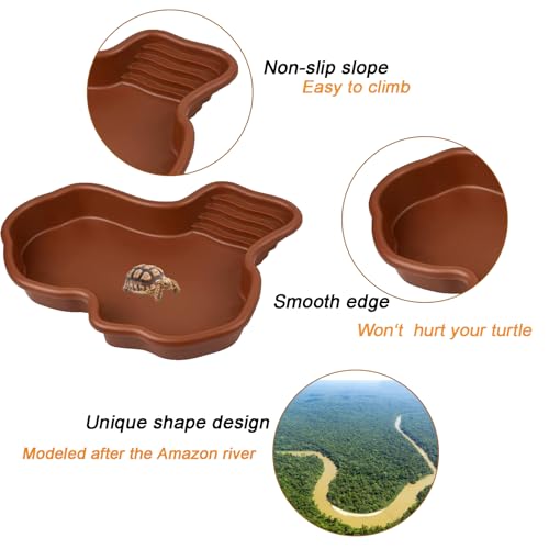 3PCS Tortoise Dish with Ramp Leaf - Tortoise Food & Water Bowls - Reptile Habitat Accessories for Horned Frogs & Lizards - Fit for Bath
