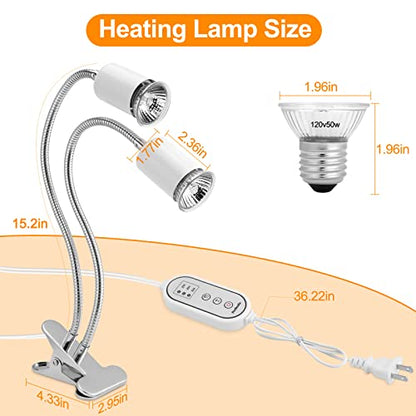 Reptile Heat Lamp, Dual Head Reptile Light with Cycle Timer, Dimmable UVA/UVB Basking Light for Turtle Tortoise Lizard Snake Bearded Dragon and More, 4 Bulbs (2PCS 25W + 2PCS 50W) Included