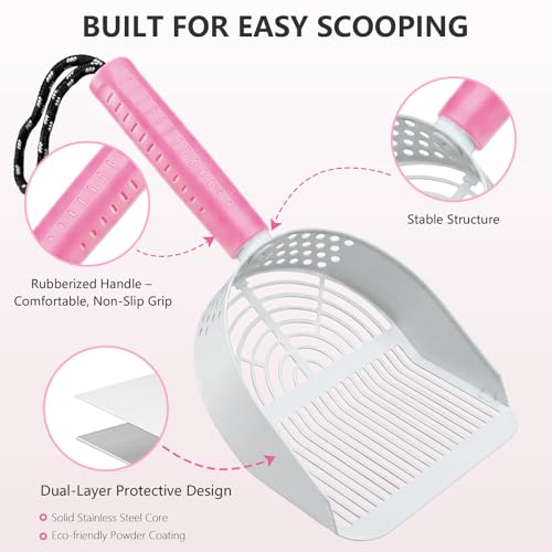 Cat Litter Scoop with Holder, 3 in 1 Metal Kitty Scooper, Heavy Duty Deep Litter Sifter with Dustpan & Mini Broom, Dual Coarse & Fine Grid, Quick Sift, Universal for All Cat Litter - color: Pink, size: Large
