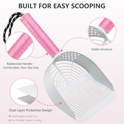 Cat Litter Scoop with Holder, 3 in 1 Metal Kitty Scooper, Heavy Duty Deep Litter Sifter with Dustpan & Mini Broom, Dual Coarse & Fine Grid, Quick Sift, Universal for All Cat Litter - color: Pink, size: Large