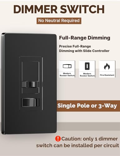 MOES Black Dimmer Light Switches 4 Pack, 3 Way & Single Pole Dimmable Switch for LED,CFL,Incandescent,Halogen, 600Watt Max, ON/Off Switch with Dimming Slide, No Neutral Wire Required - color: Black, size: 4 Pack