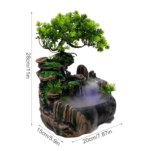 11-Inch Tabletop LED Waterfall Fountain with Mist Effect – Quiet Resin Rockery Indoor Fountain for Bedroom, Office, Meditation & Home Décor