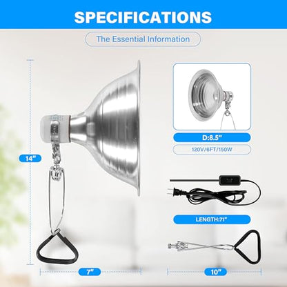 Simple Deluxe 100W Ceramic Reptile Heat Lamp Bulb & 150W Clamp Light with 8.5" Aluminum Reflector Combo for Amphibian Pets, Silver 2024 Version - size: 100 Watts, style: Bulb+Clamp Light