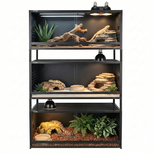 PVC Reptile Enclosure 3 Tier 40"x16"x16" with Spacers, 44 Gallon Reptile Tank Habitat, Space Saving Stackable Reptile Terrarium for Bearded Dragon Gecko Snake Lizard, Sliding Glass Doors Lock - size: Three 40x16x16''-44 Gallon with Kit