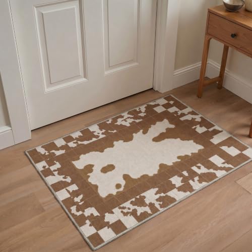 Bavni 2x3 Doormat, Cowhide Check Machine Washable,Soft Animal Small Boho Rugs Non Slip Low Pile Non-Shedding Throw Indoor Print Woodland Jungle Carpet for Entryway Front Door Bathroom, Caramel Cream - color: Caramel Cream, size: 2'x3'