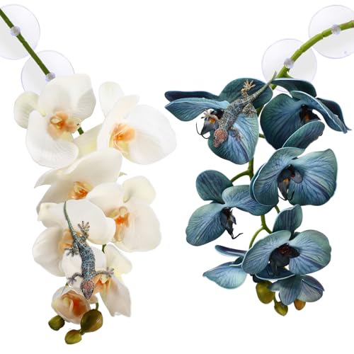 Chuangdi 2 Pcs Artificial Phalaenopsis with Suction Cups Terrarium Plant Decoration Reptile Habitat Plant Decor for Hermit Crab Lizards Geckos Snake(Teal Blue,White,Classical) - color: Teal Blue,white, style: Classical