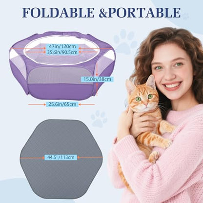 2-in-1 Small Animals Playpen with Pad, Waterproof Small Pet Cage Tent with Reusable Pad, Portable Outdoor Yard Fence with 3 Metal Rod for Chick/Kitten/Puppy/Guinea Pig/Rabbits/Chinchillas, Purple+Gray - color: U-Purple+Gray