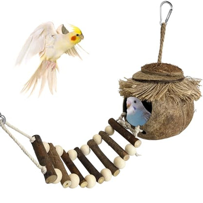 PINVNBY Hanging Coconut Bird Nest Hut with Ladder, Natural Coconut Hide Lovebird House Fruit Wood Bird Swing for Parakeet Cockatiel Budgie Conure Canary Finch Budgies