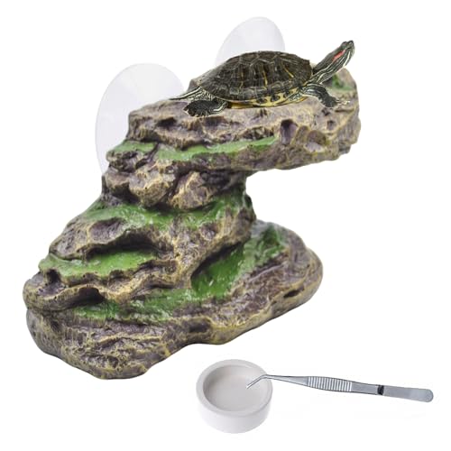 PINVNBY Turtle Basking Platform with 2 Pcs Suction Cups,Resin Floating Dock for Turtles,Tortoise Climbing Ramp Shale - Ideal for Aquatic Turtles,Stable & Durable,Easy to Install(Green Brown) - color: 【brown】, size: 【M:8.2”Lx3.3”Wx3.1”H】