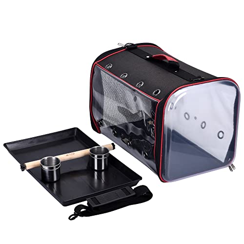 Colorday Lightweight Bird Carrier Travel Cage, Large 19x12x13 inch | For Travelers, Parrot Feeder Cups Included, Standing Perch Included, With Tray, Black