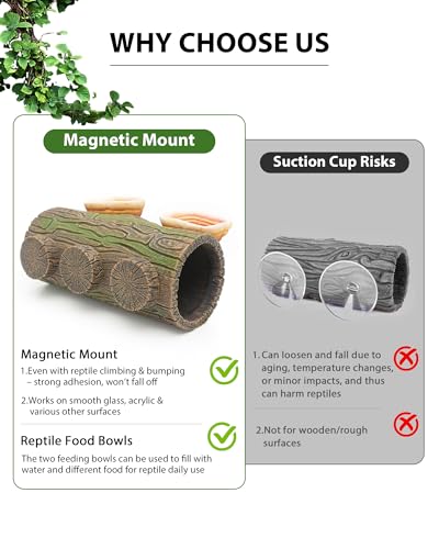 REPTITRIP 2 in 1 Magnetic Crested Gecko Hide, Reptile Hideout & Water Dish Food Bowl, Resin Hollow Log Cave, Reptile & Amphibian Habitat Hideouts