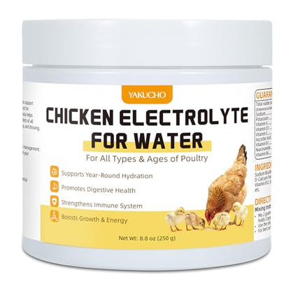 Yakucho Chicken Electrolytes for Water, Poultry Vitamins with Probiotics, Hydration, Immunity & Digestive Support, for Chicks, Adult Birds, Chickens, Ducks & Turkeys, 8.8oz Chicken Supplement Powder