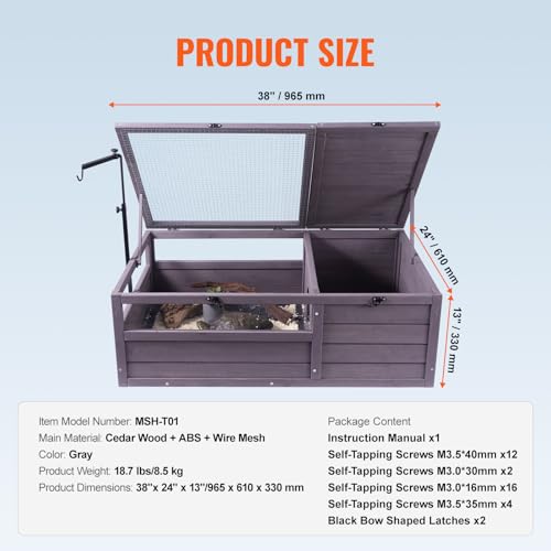 Happybuy Tortoise Habitat, Wooden Tortoise House Indoor & Outdoor, Tortoise Enclosure with Adjustable Lamp Holder, 2-Room Reptile Enclosure Small Animal Cage for Gecko, Lizard, Snake 38x24x13 inch