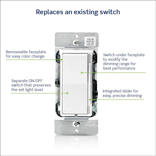 Leviton Decora Slide Dimmer Switch for Dimmable LED, Halogen and Incandescent Bulbs, DSL06-1LZ, White with Ivory and Light Almond Faceplates - size: 1 Pack