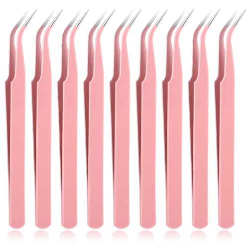 9 Pcs Precision Tweezers, Stainless Steel Craft Tweezers for Crafting, Curved Tweezer Multipurpose Pointed Long Tweezer for Crafting DIY Bead Jewelry Making, Scrapbooking, Crafts, Nail Art (Pink) - color: Pink