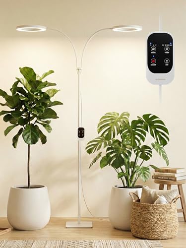 GLOWRIUM 48W LED Dual-Head Grow Light for Indoor Plants, 23.5-71" Adjustable Height, 3-Growing Full Spectrum for Tall Plant Light, 3/9/12/16H Timer, 6-Level Dimming, Ideal for Large Tall Plants - color: White(Dual Heads)
