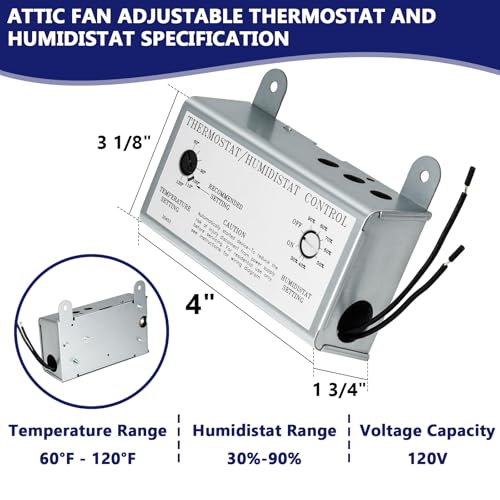 Hiorucet Attic Fan with Thermostat Humidistat Controller, Adjustable Temperature Humidity Controller for Workshops Greenhouses Garages, Attic Ventilator Fan Thermostat Humidistat Control Box