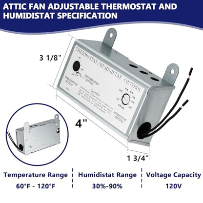Hiorucet Attic Fan with Thermostat Humidistat Controller, Adjustable Temperature Humidity Controller for Workshops Greenhouses Garages, Attic Ventilator Fan Thermostat Humidistat Control Box
