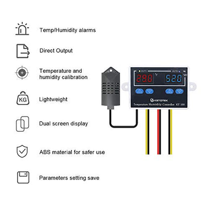 KETOTEK KT100 Humidity Temperature Controller 120V 10A Fahrenheit Digital Thermostat Humidistat Control Switch Direct Output with 1.5m Temperature Humidity Sensor