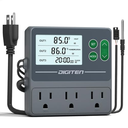 DIGITEN Temperature and Humidity Controller with Timer - 3 Outlet, 2 Separate Probes, Plug in Temperature Controller for Reptiles,Snake, Mushrooms, Tent, Triple Control for Temp,Humidity,Time