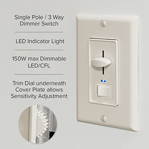 Maxxima Dimmer Light Switch, Almond, Blue Indicator Light 3-Way/Single Pole | LED Compatible, 600 Watt Max, Wall Plate Included, Dimmable Lamp and Lighting Control - color: Almond, size: Single Pack