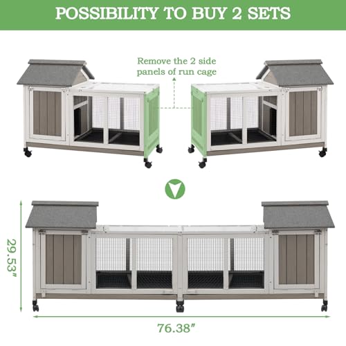 Gowoodhut 76.38"L Rabbit Hutch Indoor and Outdoor with 8 Wheels,Wooden Rabbit Cage with Pull Out Leak-Proof Tray for 2-4 Rabbits,Bunny Hutch with Asphalt Roof Suitable for Garden,Park,Living Room,Grey - size: PET30-DOUBLE