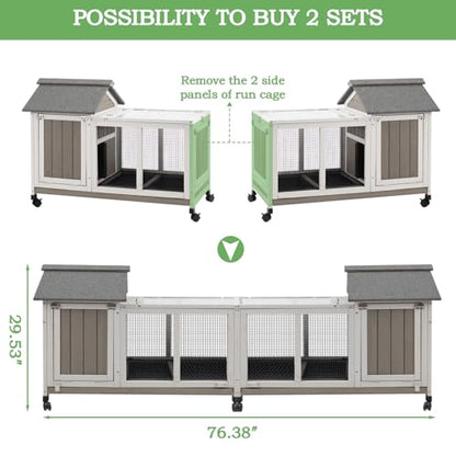 Gowoodhut 76.38"L Rabbit Hutch Indoor and Outdoor with 8 Wheels,Wooden Rabbit Cage with Pull Out Leak-Proof Tray for 2-4 Rabbits,Bunny Hutch with Asphalt Roof Suitable for Garden,Park,Living Room,Grey - size: PET30-DOUBLE