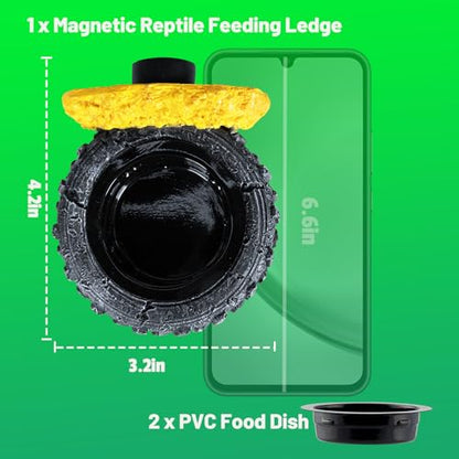 Gecko Gecko Feeder Ledge, Magnetic Reptile Feeding Ledge with 2 Food Bowls, Natural Tire-Design Resin Base for Bearded Dragon, Snake, Frog in Glass/PVC/Acrylic/Wood Tanks