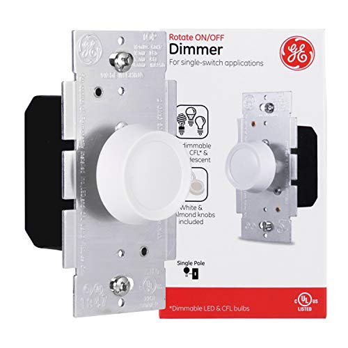 GE Single Pole Rotating Dimmer Switch, Rotate On/Off, Use with Dimmable LED, CFL, and Incandescent Bulbs, Includes Two Knob Colors, UL Listed, White/Light Almond, 18021 - size: 1 Pack