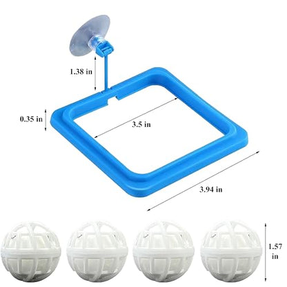 Square Turtle Feeding Ring with Suction Cup and 4 Pcs Nitrifying Balls Set, Fish Food Holder and Aquatic Toys for Turtles Tortoise Goldfish Guppy Koi Puffer, Aquatic Turtle Tank Accessories (Square)