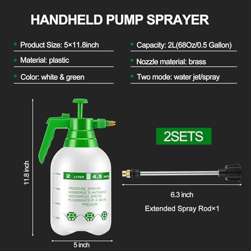2 Set Handheld Pump Sprayer 68 oz Garden Pump Sprayers 0.5 Gallon 2l Adjustable Water Spray Bottles with Steel Nozzle Extended Rod for Plant Mist Watering Spraying Fertilizing Cleaning - color: White, size: 2L