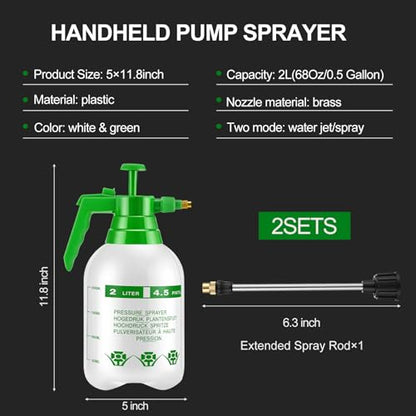 2 Set Handheld Pump Sprayer 68 oz Garden Pump Sprayers 0.5 Gallon 2l Adjustable Water Spray Bottles with Steel Nozzle Extended Rod for Plant Mist Watering Spraying Fertilizing Cleaning - color: White, size: 2L