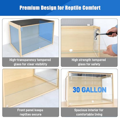 Reptile Terrarium Enclosure 30Gallon Bearded Dragon Tank, 24*16*16inch Tempered Glass Front Opening Reptile Snake Tank Enclosure Cages with Wood Frame & Metal Mesh Top for Hamster Gecko Lizard Turtles