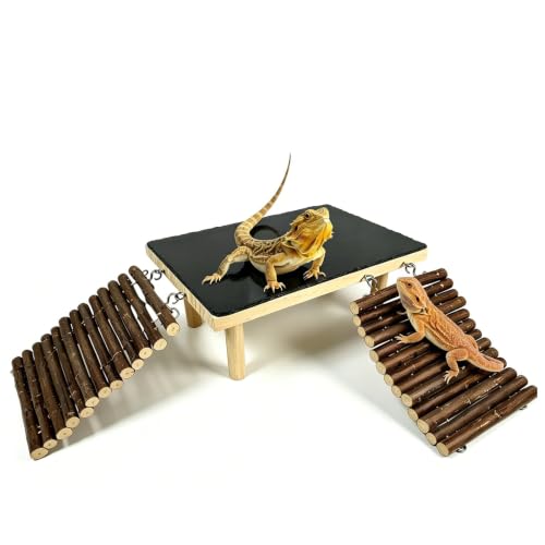 Bearded Dragon Basking Platform with Climbing Ramp,Reptile Basking Rock Slate Stone,Wood Lizard Resting Platform Hide Cave Tank Accessories for Gecko Tortoise Snake Frog(Large) - size: L: 7.9"x 11.8"x 4.56"