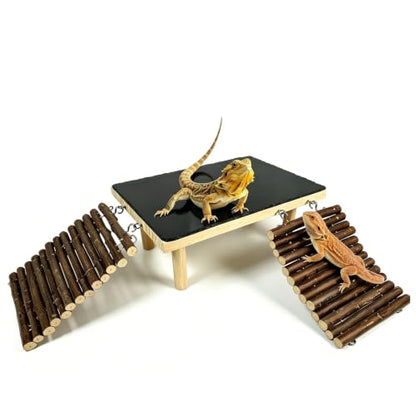 Bearded Dragon Basking Platform with Climbing Ramp,Reptile Basking Rock Slate Stone,Wood Lizard Resting Platform Hide Cave Tank Accessories for Gecko Tortoise Snake Frog(Large) - size: L: 7.9"x 11.8"x 4.56"
