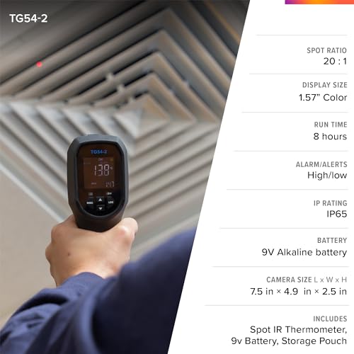 FLIR TG54-2 Infrared Spot Thermometer with Digital Readout: for Non-Contact Temperature Measurements up to 1,562 Degrees F | Non-contact, 20:1 distance-to-spot, color display, IP65, 3m drop, 9V battery (8hr), lanyard - style: TG54-2
