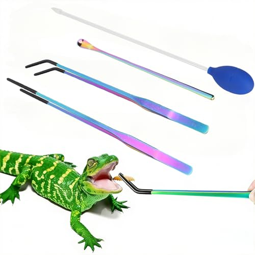 Reptile Feeding Tongs Set with Spoon, 4PCS 10.6" Feeding Tweezers with Silicone Tips, Spoon, Dropper, Terrarium Tools for Reptiles, Fish Tanks, Aquatic Plants, Reptile & Aquarium Rubber Tips Kit