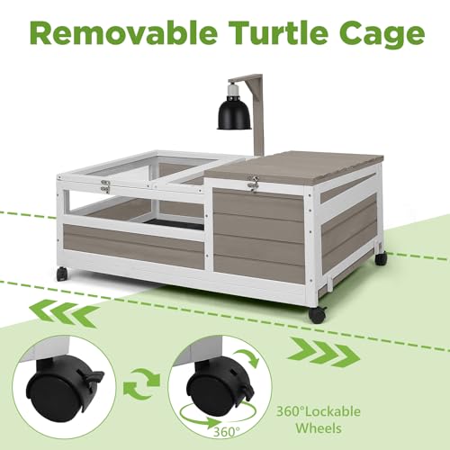 Tortoise Habitat with Lamp Holder in Indoor & Outdoor, Wooden Extensible Turtle Enclosure Table with 4 360° Lockable Wheels, Leakproof Tray, Openable Roof for Tortle, Lizard, Chameleon - size: 39"L x 24"W x 14"H
