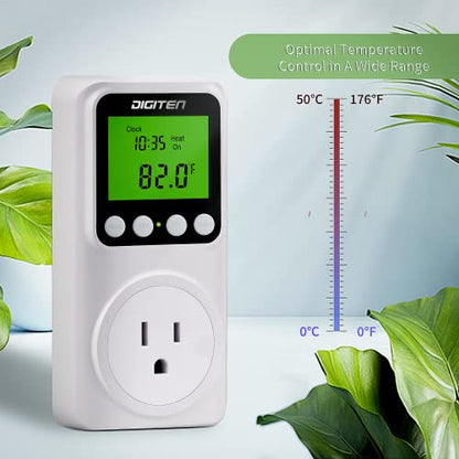 DIGITEN Digital Programmable Thermostat Outlet with Timer | 15A Plug-in Day-Night Temp Controller for Heating/Cooling, Clock & ℃/℉, Backlit LCD, 110V for Home/Reptile/Heat Mat