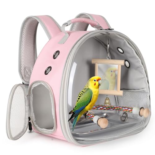 Portable Parrot Travel Cage Carrier with Mirror Standing Toy Set Small Bird Parakeet Bag with Standing Perch Bird Carry Transport Bag (Pink, Backpack/Mirror) - color: Pink, size: Backpack/mirror