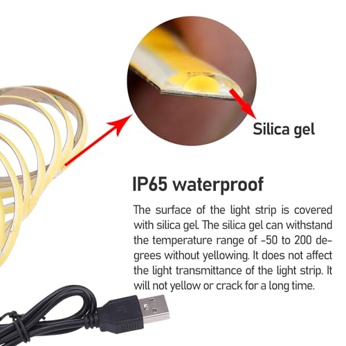 DC 5V USB COB LED Strip Light Cool White 6000K Dimmable IP65 Waterproof CRI 93+ USB Powered 6.6ft/2M 640LEDs with Dimmer High Brightness Flexible LED Tape Lights - color: Cool White