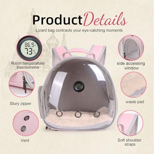 Bearded Dragon Travel Backpack Carrier with Reptile Thermometer and Humidity Gauge Lizard Travel Cage Space Capsule Clear Bubble Window Astronaut Reptile Bag for Ball Python (Pink, Backpack+PG LSH) - color: Pink, size: 12.0"L x 7.0"W x 12.0"H