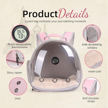 Bearded Dragon Travel Backpack Carrier with Reptile Thermometer and Humidity Gauge Lizard Travel Cage Space Capsule Clear Bubble Window Astronaut Reptile Bag for Ball Python (Pink, Backpack+I LSH) - color: Pink, size: Backpack+I LSH