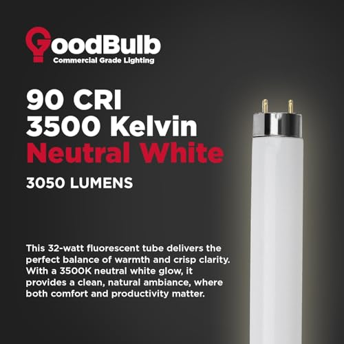 GoodBulb F32T8/835/ECO 32W 48 Inch T8 Fluorescent Light Bulb, 3500K Soft White Medium Bi-Pin Base, 3050 Lumens 86 CRI 24000 Life Hours, Instant/Programmed Start (25 Pack) - color: 3500k