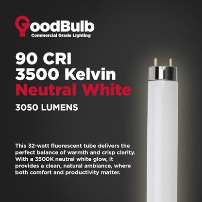 GoodBulb F32T8/835/ECO 32W 48 Inch T8 Fluorescent Light Bulb, 3500K Soft White Medium Bi-Pin Base, 3050 Lumens 86 CRI 24000 Life Hours, Instant/Programmed Start (25 Pack) - color: 3500k