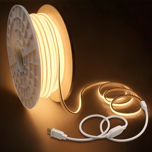 Waterproof COB Led Rope Lights Outdoor 200FT IP67 Warm White 3000K AC 110~120V Flexible Led Light Strip for Outside 288Leds/M High Density Uniform COB Light LED Strip Plug in 60M - color: Warm White, size: 60M