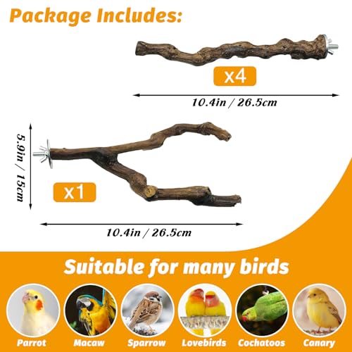 kathson 5pcs Natural Parrot Perch for Cage Wooden Bird Perches Grape Bird Stick Parakeet Climbing Standing Branches Toy Chewable Cage Accessories for Small Budgies Cockatiels Lovebirds Budgies