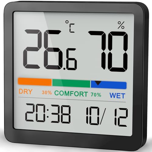 NOKLEAD Indoor Thermometer Hygrometer, Mini Desktop Digital Temperature and Humidity Monitor with Comfort Indicator and Clock, Accurate Room Humidity Gauge for Home, Garage, Greenhouse, Wine Cellar - color: Black, size: 1 Pack